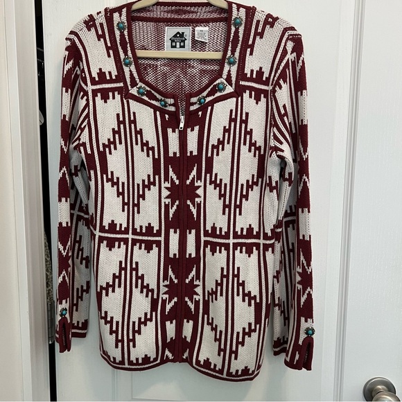 Vintage storybook knits Aztec turquoise silver  cardigan sweater zip up size XS - Picture 1 of 13
